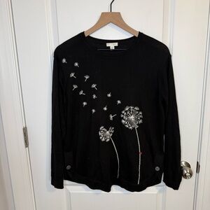 J Jill‎ Sweater Womens Small Dandelion Embroidered Pullover Pockets 100% Cotton